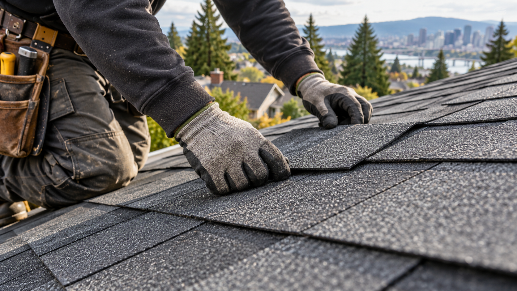 Illustrative close-up of a roofer inspecting charcoal shingles